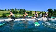 29 June 2025; Team Ireland, from left, Andrew Sheehan,  Adam Murphy, Brian Colsh and Ronan Byrne after the Men’s Quadruple Sculls Final B during the 2025 World Rowing Cup at Rotsee in Lucerne, Switzerland. Photo by Benedict Tufnell/Sportsfile