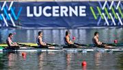 29 June 2025; Team Ireland from left, by Ronan Byrne, Brian Colsh, Adam Murphy and Andrew Sheehan compete in the Men’s Quadruple Sculls Final B during the 2025 World Rowing Cup at Rotsee in Lucerne, Switzerland. Photo by Benedict Tufnell/Sportsfile