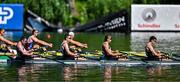 29 June 2025; Team Ireland from left, by Ronan Byrne, Brian Colsh, Adam Murphy and Andrew Sheehan compete in the Men’s Quadruple Sculls Final B during the 2025 World Rowing Cup at Rotsee in Lucerne, Switzerland. Photo by Benedict Tufnell/Sportsfile