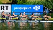 29 June 2025; Team Ireland from left, by Ronan Byrne, Brian Colsh, Adam Murphy and Andrew Sheehan compete in the Men’s Quadruple Sculls Final B during the 2025 World Rowing Cup at Rotsee in Lucerne, Switzerland. Photo by Benedict Tufnell/Sportsfile