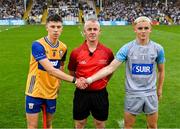 28 June 2025; Referee Colm McDonald with captains Graham Ball of Clare, left, and Waterford goalkeeper James Comerford before the Electric Ireland GAA Hurling All-Ireland Minor Championship final match between Waterford and Clare at FBD Semple Stadium in Thurles, Tipperary. Photo by Brendan Moran/Sportsfile