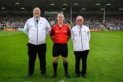 28 June 2025; Referee Colm McDonald and his umpires before the Electric Ireland GAA Hurling All-Ireland Minor Championship final match between Waterford and Clare at FBD Semple Stadium in Thurles, Tipperary. Photo by Brendan Moran/Sportsfile