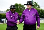 29 June 2025; Umpires Azam Ali Baig and Willie Clarke before the Evoke Super 20 Trophy match between Typhoons and Scorchers at Railway Union Cricket Club in Dublin. Photo by Seb Daly/Sportsfile