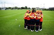 29 June 2025; Scorchers players before the Evoke Super 20 Trophy match between Typhoons and Scorchers at Railway Union Cricket Club in Dublin. Photo by Seb Daly/Sportsfile