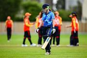 29 June 2025; Typhoons batter Alice Walsh departs after being trapped lbw by Scorchers bowler Sophie MacMahon during the Evoke Super 20 Trophy match between Typhoons and Scorchers at Railway Union Cricket Club in Dublin. Photo by Seb Daly/Sportsfile