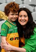 28 June 2025; Donegal supporters six year Odhran McGill and his mother Claire before the GAA Football All-Ireland Senior Championship quarter-final match between Monaghan and Donegal at Croke Park in Dublin. Photo by Ray McManus/Sportsfile
