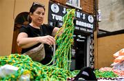 29 June 2025; Merchadise seller Lorraine Woods, from Ballybough in Dublin, before the GAA Football All-Ireland Senior Championship quarter-final match between Meath and Galway at Croke Park in Dublin. Photo by Shauna Clinton/Sportsfile
