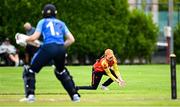 29 June 2025; Lara McBride of Scorchers fields the ball during the Evoke Super 20 Trophy match between Typhoons and Scorchers at Railway Union Cricket Club in Dublin. Photo by Seb Daly/Sportsfile