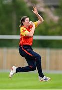 29 June 2025; Scorchers bowler Karina Bell during the Evoke Super 20 Trophy match between Typhoons and Scorchers at Railway Union Cricket Club in Dublin. Photo by Seb Daly/Sportsfile