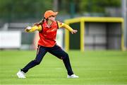 29 June 2025; Ciara Gibson of Scorchers fields the ball during the Evoke Super 20 Trophy match between Typhoons and Scorchers at Railway Union Cricket Club in Dublin. Photo by Seb Daly/Sportsfile