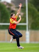 29 June 2025; Scorchers bowler Karina Bell during the Evoke Super 20 Trophy match between Typhoons and Scorchers at Railway Union Cricket Club in Dublin. Photo by Seb Daly/Sportsfile