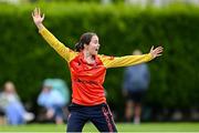 29 June 2025; Scorchers bowler Lara McBride appeals for a wicket during the Evoke Super 20 Trophy match between Typhoons and Scorchers at Railway Union Cricket Club in Dublin. Photo by Seb Daly/Sportsfile
