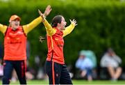29 June 2025; Scorchers bowler Lara McBride appeals for a wicket during the Evoke Super 20 Trophy match between Typhoons and Scorchers at Railway Union Cricket Club in Dublin. Photo by Seb Daly/Sportsfile