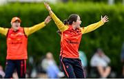 29 June 2025; Scorchers bowler Lara McBride appeals for a wicket during the Evoke Super 20 Trophy match between Typhoons and Scorchers at Railway Union Cricket Club in Dublin. Photo by Seb Daly/Sportsfile