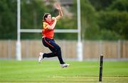 29 June 2025; Scorchers bowler Karina Bell during the Evoke Super 20 Trophy match between Typhoons and Scorchers at Railway Union Cricket Club in Dublin. Photo by Seb Daly/Sportsfile