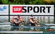 29 June 2025; Fintan McCarthy, left, and Konan Pazzala of Ireland compete in the Men's Double Scull Final A during the 2025 World Rowing Cup at Rotsee in Lucerne, Switzerland. Photo by Benedict Tufnell/Sportsfile