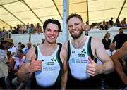 29 June 2025; Fintan McCarthy, left, and Konan Pazzala of Ireland after finishing third in the Men's Double Scull Final A during the 2025 World Rowing Cup at Rotsee in Lucerne, Switzerland. Photo by Benedict Tufnell/Sportsfile