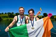 29 June 2025; Konan Pazzala, left, and Fintan McCarthy of Ireland celebrate after finishing third in the Men's Double Scull Final A during the 2025 World Rowing Cup at Rotsee in Lucerne, Switzerland. Photo by Benedict Tufnell/Sportsfile