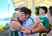 29 June 2025; Fintan McCarthy of Ireland, left, celebrates after finishing third in the Men's Double Scull Final A during the 2025 World Rowing Cup at Rotsee in Lucerne, Switzerland. Photo by Benedict Tufnell/Sportsfile