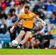 28 June 2025; Tyrone goalkeeper Niall Morgan kicks a '45'  during the GAA Football All-Ireland Senior Championship quarter-final match between Dublin and Tyrone at Croke Park in Dublin. Photo by Ray McManus/Sportsfile
