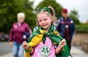 29 June 2025; Meath supporter Holly Flaherty, aged six, from Ballivor in Meath, as two Galway supporters walk by before the GAA Football All-Ireland Senior Championship quarter-final match between Meath and Galway at Croke Park in Dublin. Photo by Shauna Clinton/Sportsfile