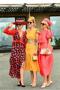 29 June 2025; From left Aine Malone from Edenderry Co Offaly, Ann-Marie Dunning from Newbridge Co Kildare and Breda Butler from Thurles Co Tipperary at day three of the Dubai Duty Free Irish Derby Festival at The Curragh Racecourse in Kildare. Photo by Matt Browne/Sportsfile