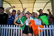 29 June 2025; Fiona Murtagh of Ireland celebrates with supporters after finishing second in the Women's Single Scull Final A during the 2025 World Rowing Cup at Rotsee in Lucerne, Switzerland. Photo by Benedict Tufnell/Sportsfile
