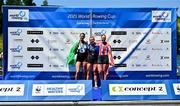 29 June 2025; Fiona Murtagh of Ireland, left, celebrates after finishing second in the Women's Single Scull Final A during the 2025 World Rowing Cup at Rotsee in Lucerne, Switzerland. Photo by Benedict Tufnell/Sportsfile