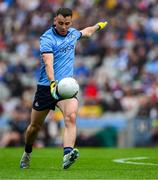 28 June 2025; Cormac Costello of Dublin kicks a free during the GAA Football All-Ireland Senior Championship quarter-final match between Dublin and Tyrone at Croke Park in Dublin. Photo by Ray McManus/Sportsfile