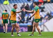 28 June 2025; Donegal players Peadar Mogan, left, and Conor O'Donnell after their side's victory in the GAA Football All-Ireland Senior Championship quarter-final match between Monaghan and Donegal at Croke Park in Dublin. Photo by Piaras Ó Mídheach/Sportsfile
