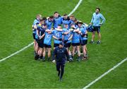 28 June 2025; Dublin manager Dessie Farrell leaves the huddle ahead of the GAA Football All-Ireland Senior Championship quarter-final match between Dublin and Tyrone at Croke Park in Dublin. Photo by Daire Brennan/Sportsfile