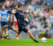 28 June 2025; Dublin goalkeeper Stephen Cluxton kicks a '45'  during the GAA Football All-Ireland Senior Championship quarter-final match between Dublin and Tyrone at Croke Park in Dublin. Photo by Ray McManus/Sportsfile