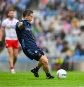 28 June 2025; Dublin goalkeeper Stephen Cluxton kicks a '45'  during the GAA Football All-Ireland Senior Championship quarter-final match between Dublin and Tyrone at Croke Park in Dublin. Photo by Ray McManus/Sportsfile