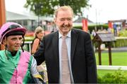 29 June 2025; Trainer Dermot Weld and jockey Chris Hayes after winning the Dubai Duty Free Handicap with Sujet during day three of the Dubai Duty Free Irish Derby Festival at The Curragh Racecourse in Kildare. Photo by Matt Browne/Sportsfile