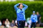 29 June 2025; Typhoons bowler Leah Paul reacts during the Evoke Super 20 Trophy match between Typhoons and Scorchers at Railway Union Cricket Club in Dublin. Photo by Seb Daly/Sportsfile