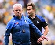 28 June 2025; Monaghan manager Gabriel Bannigan, left, and Monaghan coach Andy Moran at half-time during the GAA Football All-Ireland Senior Championship quarter-final match between Monaghan and Donegal at Croke Park in Dublin. Photo by Piaras Ó Mídheach/Sportsfile