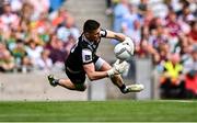 29 June 2025; Galway goalkeeper Connor Gleeson slips while playing the ball during the GAA Football All-Ireland Senior Championship quarter-final match between Meath and Galway at Croke Park in Dublin. Photo by Piaras Ó Mídheach/Sportsfile