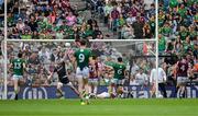 29 June 2025; Galway goalkeeper Connor Gleeson deflects a shot by Meath's Seán Coffey, 6, over the bar during the GAA Football All-Ireland Senior Championship quarter-final match between Meath and Galway at Croke Park in Dublin. Photo by Ray McManus/Sportsfile