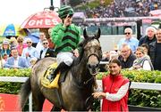 29 June 2025; Luke McAteer on Slieve Binnian after winning the Dubai Duty Free Derby Festival Handicap during day three of the Dubai Duty Free Irish Derby Festival at The Curragh Racecourse in Kildare. Photo by Matt Browne/Sportsfile