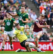29 June 2025; Dylan McHugh of Galway has a shot on goal blocked by Meath goalkeeper Billy Hogan during the GAA Football All-Ireland Senior Championship quarter-final match between Meath and Galway at Croke Park in Dublin. Photo by Shauna Clinton/Sportsfile