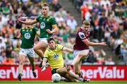 29 June 2025; Dylan McHugh of Galway has a shot on goal blocked by Meath goalkeeper Billy Hogan during the GAA Football All-Ireland Senior Championship quarter-final match between Meath and Galway at Croke Park in Dublin. Photo by Shauna Clinton/Sportsfile