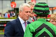 29 June 2025; Trainer David Marnane with jockey Luke McAteer after winning the Dubai Duty Free Derby Festival Handicap with Slieve Binnian during day three of the Dubai Duty Free Irish Derby Festival at The Curragh Racecourse in Kildare. Photo by Matt Browne/Sportsfile