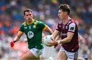 29 June 2025; Matthew Thompson of Galway in action against Donal Keogan of Meath during the GAA Football All-Ireland Senior Championship quarter-final match between Meath and Galway at Croke Park in Dublin. Photo by Shauna Clinton/Sportsfile