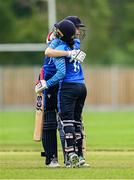29 June 2025; Typhoons batter Rebecca Stokell, left, is congratulated by teammate Leah Paul after scoring a half-century of runs during the Evoke Super 20 Trophy match between Typhoons and Scorchers at Railway Union Cricket Club in Dublin. Photo by Seb Daly/Sportsfile