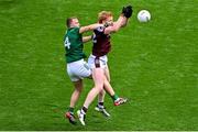 29 June 2025; Peter Cooke of Galway in action against Ronan Ryan of Meath during the GAA Football All-Ireland Senior Championship quarter-final match between Meath and Galway at Croke Park in Dublin. Photo by Daire Brennan/Sportsfile