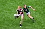 29 June 2025; Peter Cooke of Galway in action against Ruairí Kinsella of Meath during the GAA Football All-Ireland Senior Championship quarter-final match between Meath and Galway at Croke Park in Dublin. Photo by Daire Brennan/Sportsfile