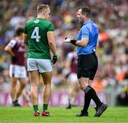 29 June 2025; Referee Martin McNally speaks to Ronan Ryan of Meath during the GAA Football All-Ireland Senior Championship quarter-final match between Meath and Galway at Croke Park in Dublin. Photo by Ray McManus/Sportsfile