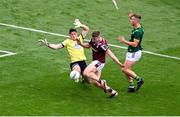 29 June 2025; Dylan McHugh of Galway in action against Meath goalkeeper Billy Hogan during the GAA Football All-Ireland Senior Championship quarter-final match between Meath and Galway at Croke Park in Dublin. Photo by Daire Brennan/Sportsfile