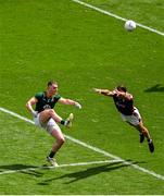 29 June 2025; Bryan Menton of Meath in action against John Maher of Galway during the GAA Football All-Ireland Senior Championship quarter-final match between Meath and Galway at Croke Park in Dublin. Photo by Daire Brennan/Sportsfile
