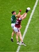 29 June 2025; Peter Cooke of Galway in action against Donal Keogan of Meath during the GAA Football All-Ireland Senior Championship quarter-final match between Meath and Galway at Croke Park in Dublin. Photo by Daire Brennan/Sportsfile